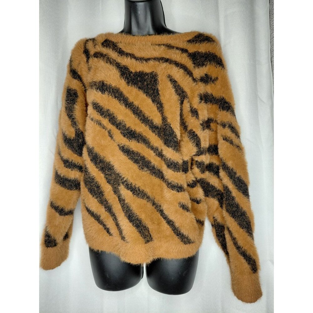 Bluivy Tiger Stripe Fuzzy Cardigan Sweater M Viscose & Nylon